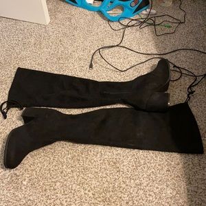 Thigh high, black faux leather with tie